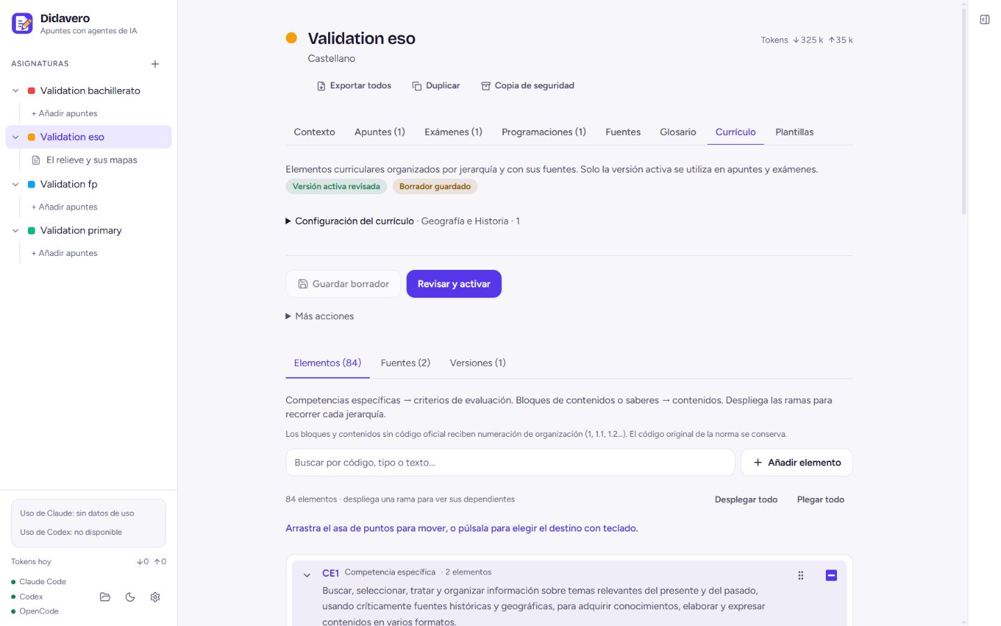 Árbol curricular de Didavero con competencias y criterios de un ejemplo