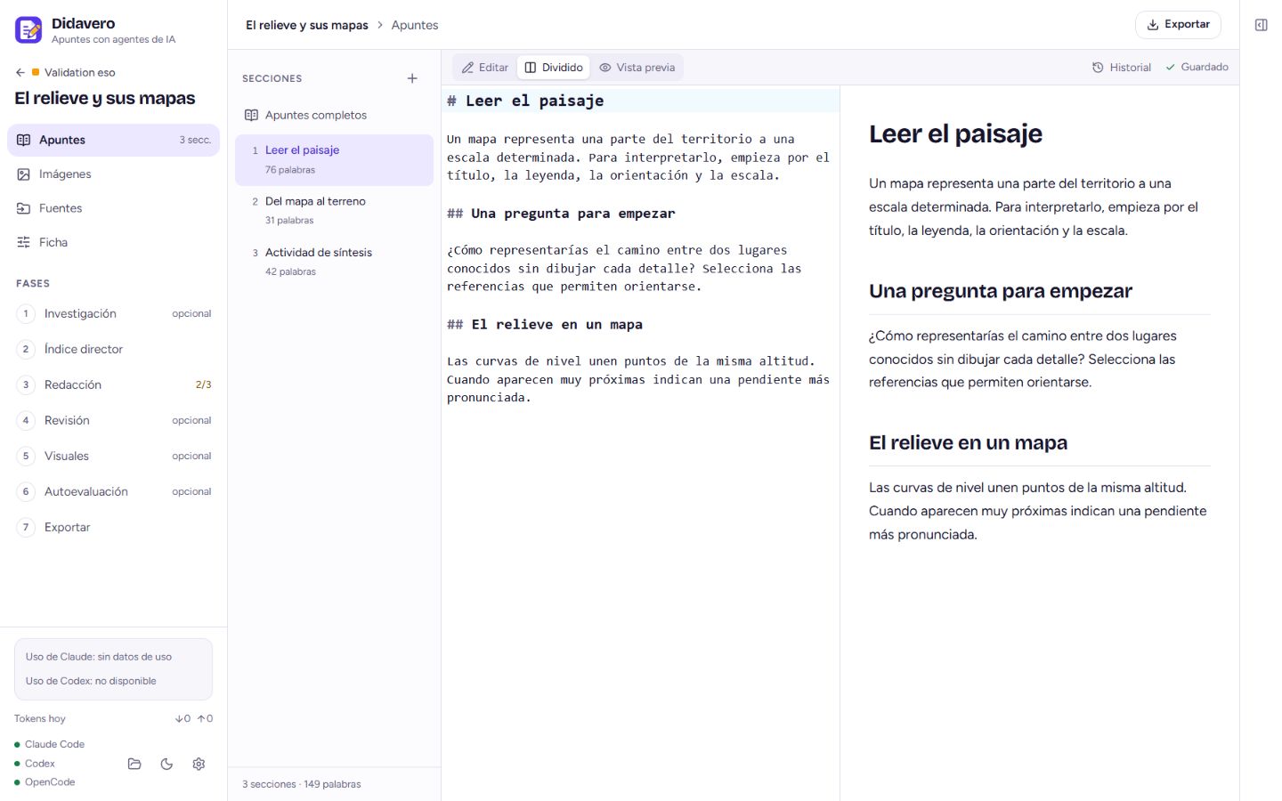 Interfaz de Didavero con un proyecto docente de demostración